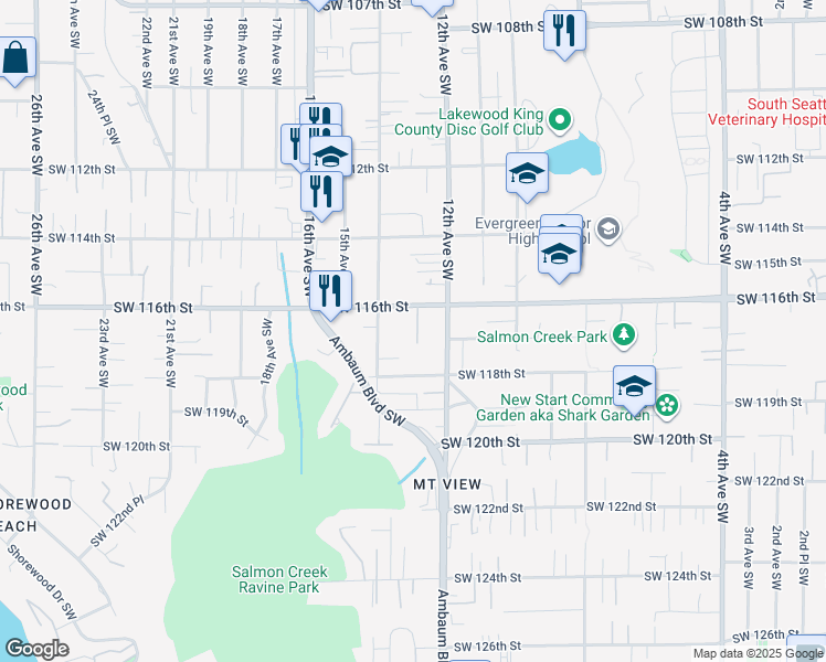 map of restaurants, bars, coffee shops, grocery stores, and more near 11621 13th Avenue Southwest in Burien