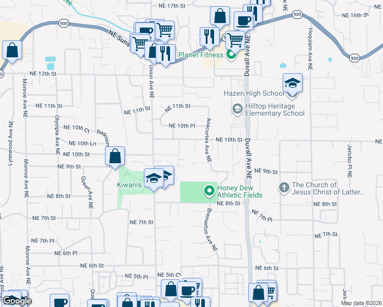 map of restaurants, bars, coffee shops, grocery stores, and more near 967 Anacortes Court Northeast in Renton
