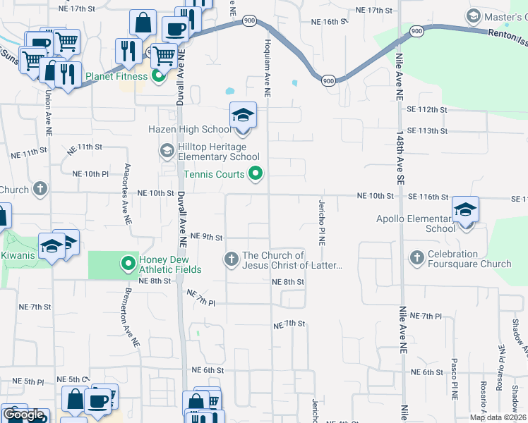 map of restaurants, bars, coffee shops, grocery stores, and more near 959 Hoquiam Avenue Northeast in Renton