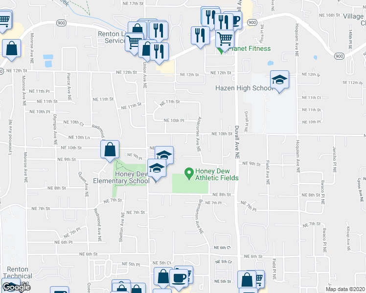 map of restaurants, bars, coffee shops, grocery stores, and more near 961 Anacortes Court Northeast in Renton