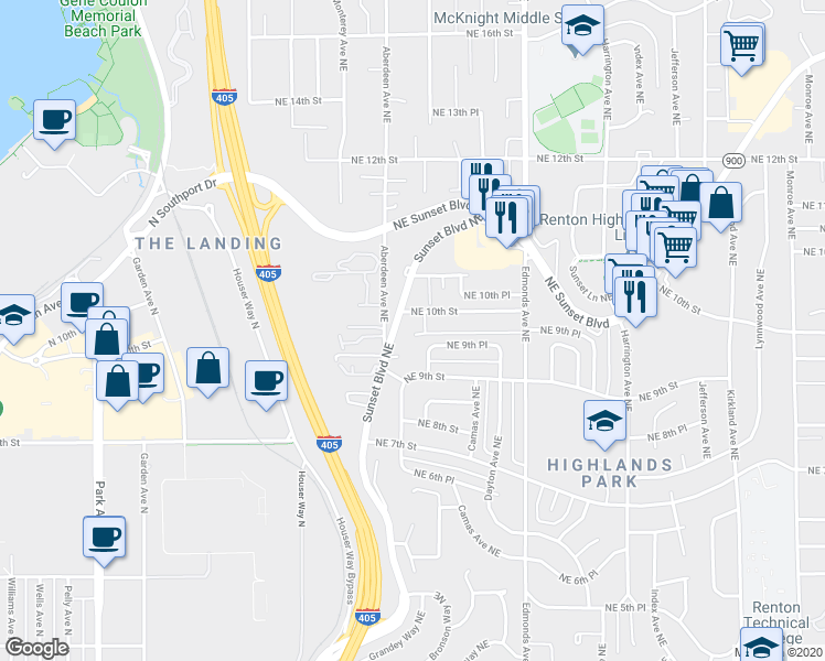 map of restaurants, bars, coffee shops, grocery stores, and more near 962 Northeast Sunset Boulevard in Renton