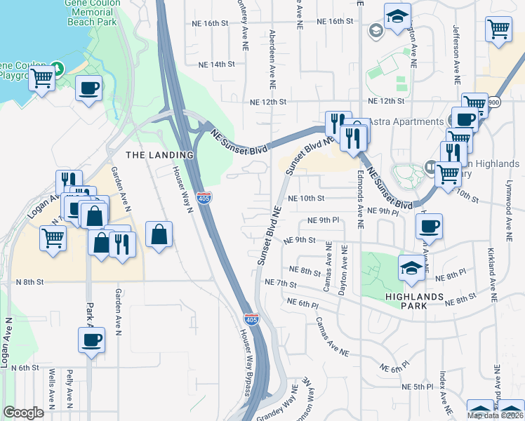 map of restaurants, bars, coffee shops, grocery stores, and more near 965 Aberdeen Avenue Northeast in Renton