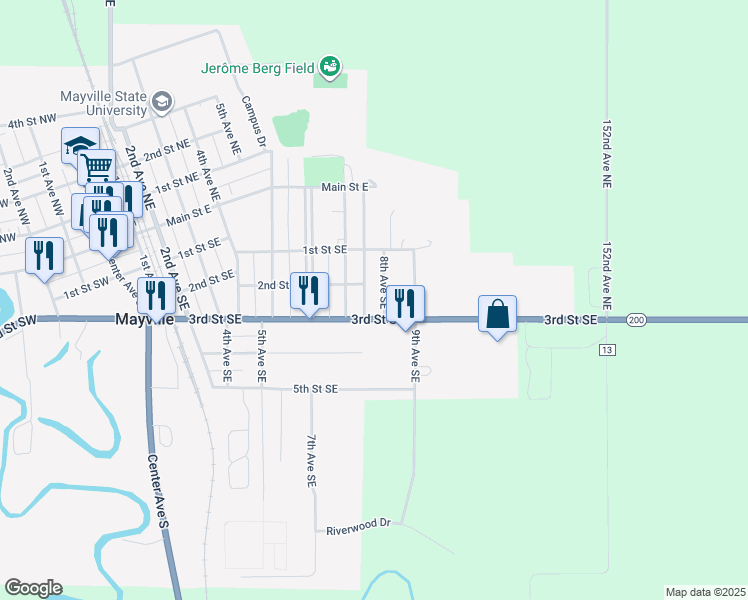 map of restaurants, bars, coffee shops, grocery stores, and more near 221 8th Avenue Southeast in Mayville