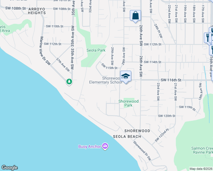 map of restaurants, bars, coffee shops, grocery stores, and more near 11607 30th Avenue Southwest in Burien