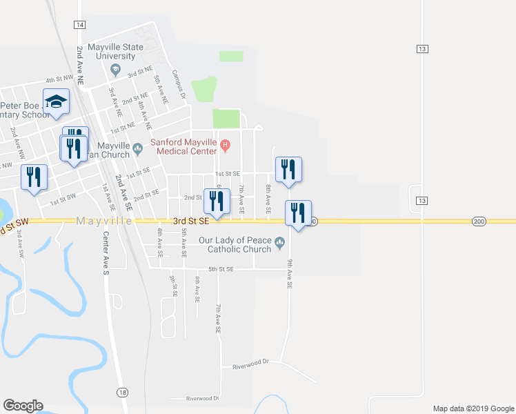 map of restaurants, bars, coffee shops, grocery stores, and more near 221 8th Avenue Southeast in Mayville