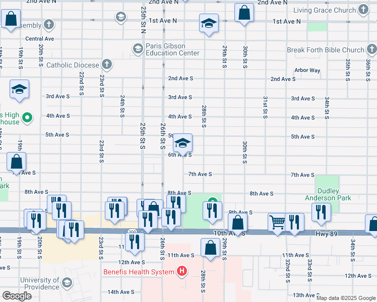 map of restaurants, bars, coffee shops, grocery stores, and more near 2701 5th Avenue South in Great Falls