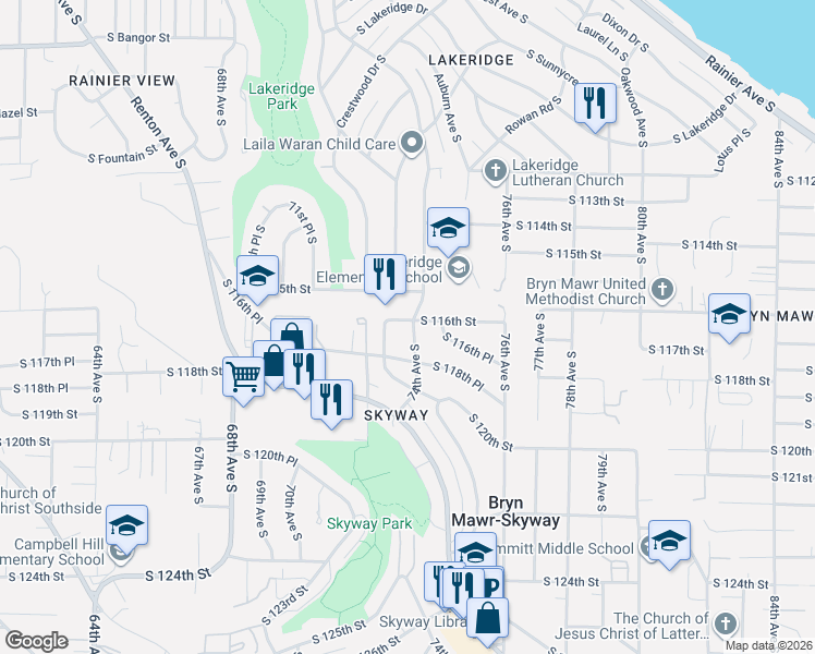 map of restaurants, bars, coffee shops, grocery stores, and more near 7218 South 116th Street in Seattle