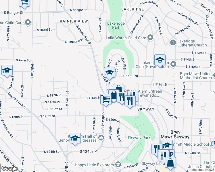 map of restaurants, bars, coffee shops, grocery stores, and more near 11650 Renton Avenue South in Seattle