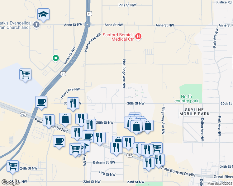 map of restaurants, bars, coffee shops, grocery stores, and more near 3104 Linden Boulevard in Bemidji