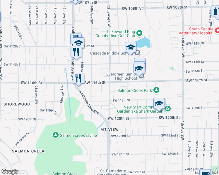 map of restaurants, bars, coffee shops, grocery stores, and more near SW 100th St & 7th Ave SW in Seattle