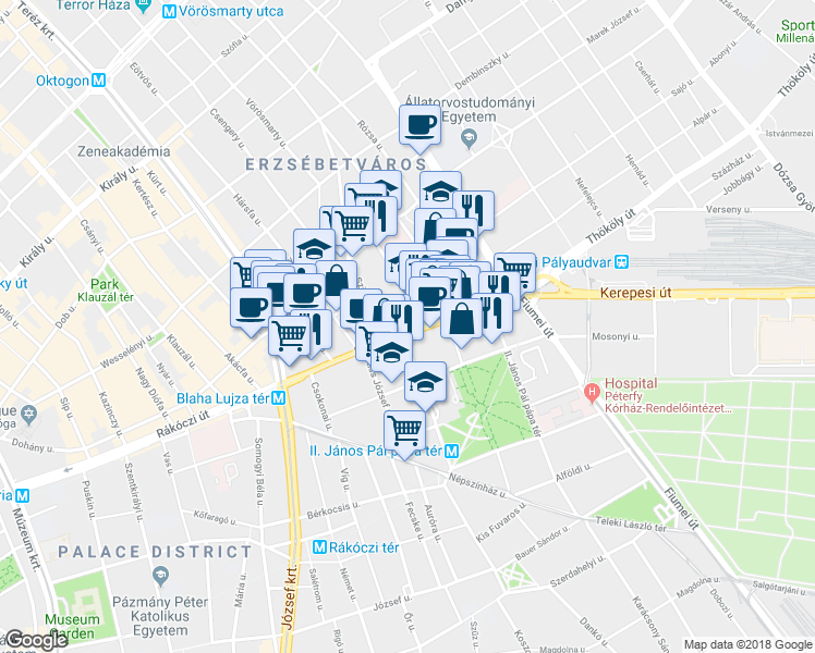 map of restaurants, bars, coffee shops, grocery stores, and more near 70 Rákóczi Way in Budapest