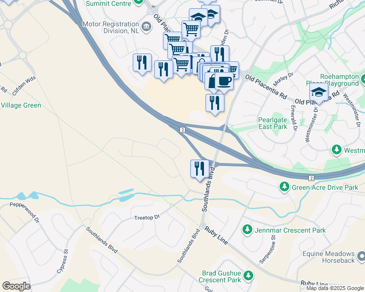 map of restaurants, bars, coffee shops, grocery stores, and more near 22 Lilac Crescent in St. John's