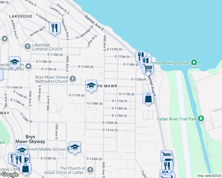 map of restaurants, bars, coffee shops, grocery stores, and more near 8419 South 116th Street in Seattle