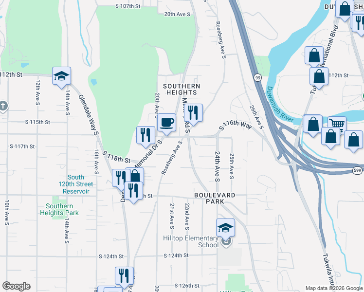 map of restaurants, bars, coffee shops, grocery stores, and more near 11611 Roseberg Avenue South in Seattle