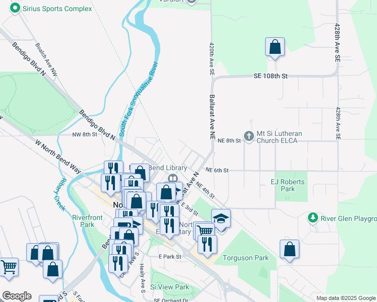 map of restaurants, bars, coffee shops, grocery stores, and more near 101 West 6th Street in North Bend