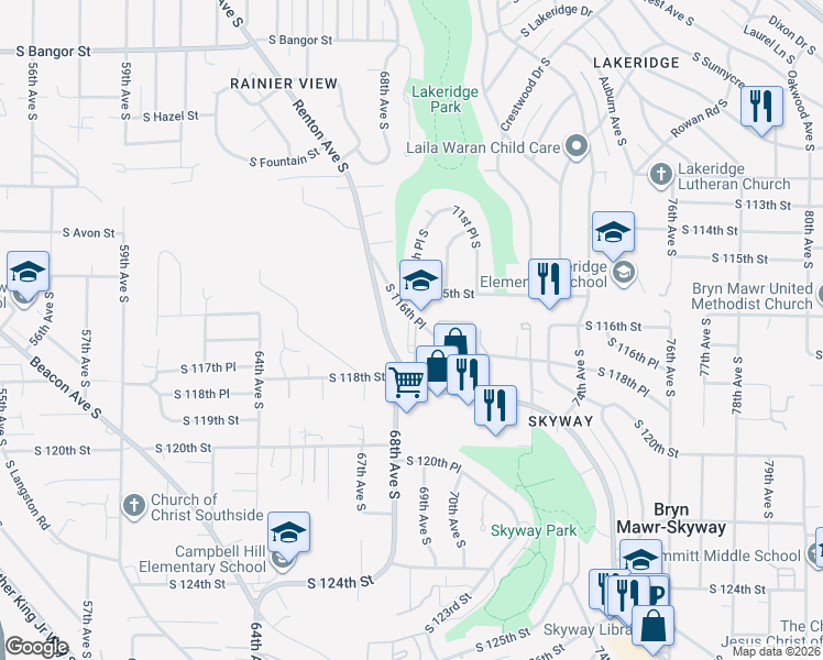 map of restaurants, bars, coffee shops, grocery stores, and more near 11660 Renton Avenue South in Seattle