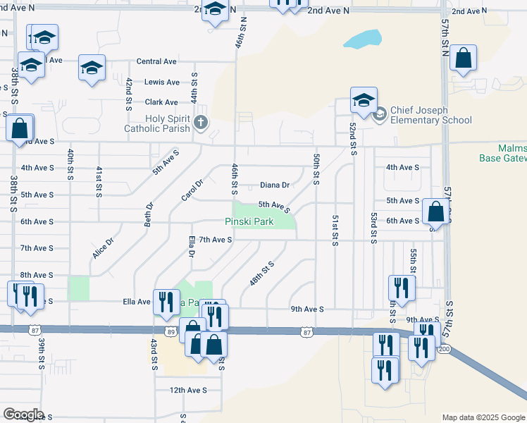 map of restaurants, bars, coffee shops, grocery stores, and more near 4620 5th Avenue South in Great Falls