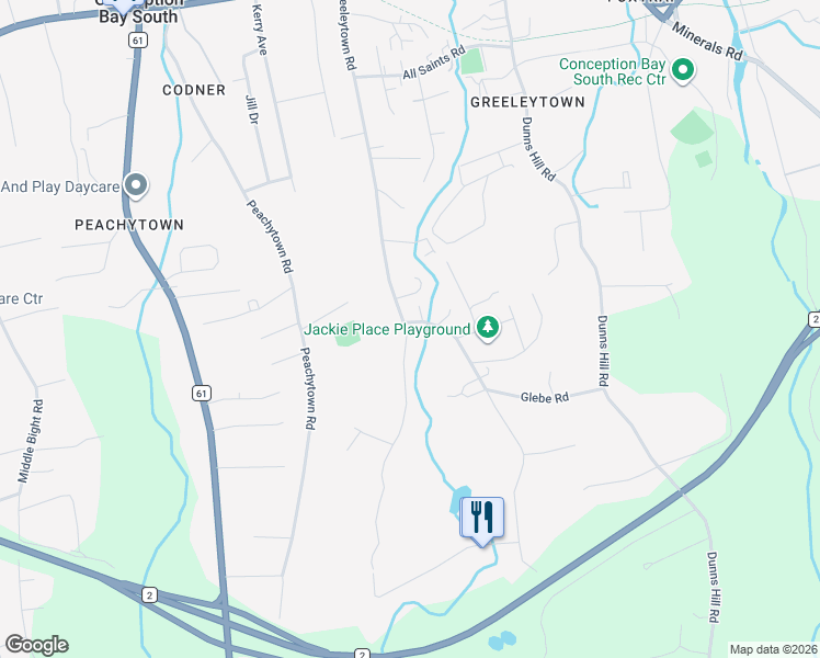map of restaurants, bars, coffee shops, grocery stores, and more near 134 Greeleytown Road in Conception Bay South
