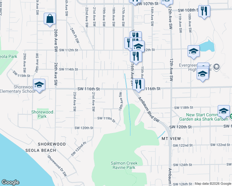 map of restaurants, bars, coffee shops, grocery stores, and more near 11605 19th Avenue Southwest in Burien