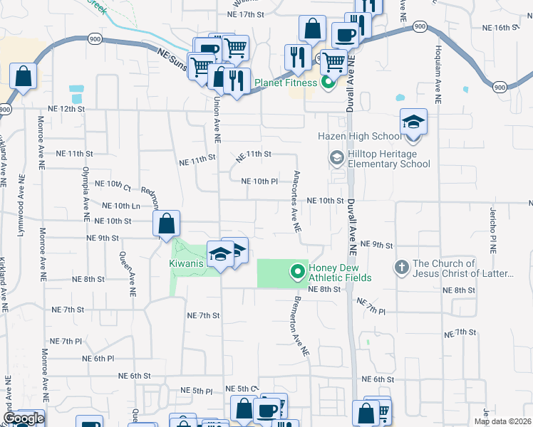 map of restaurants, bars, coffee shops, grocery stores, and more near 961 Anacortes Court Northeast in Renton