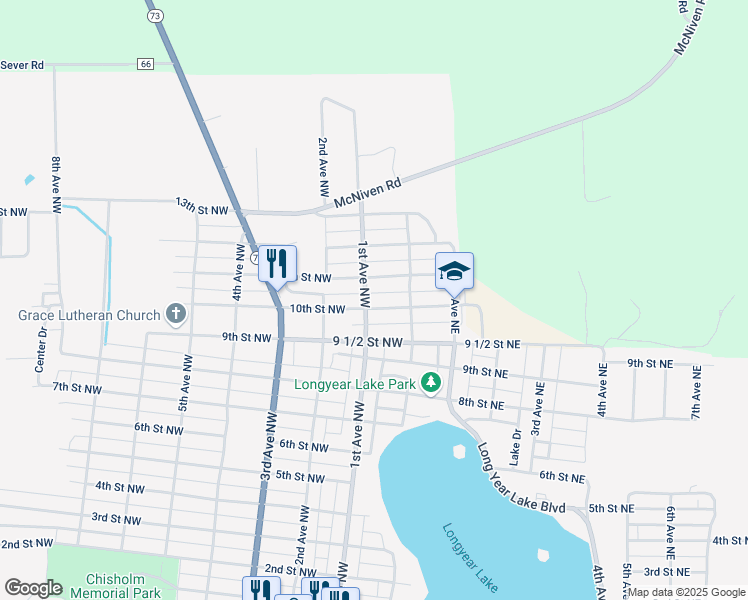 map of restaurants, bars, coffee shops, grocery stores, and more near 1000 1st Avenue Northeast in Chisholm