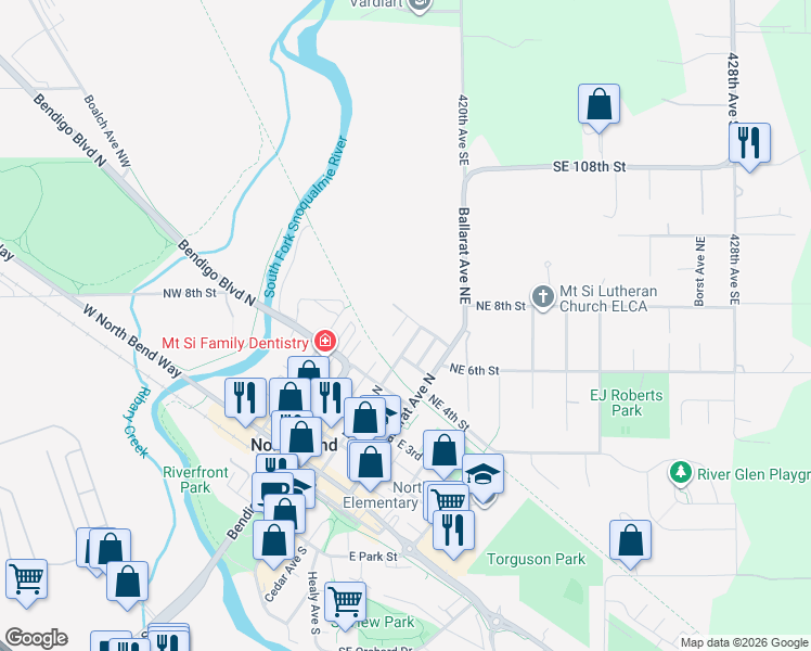map of restaurants, bars, coffee shops, grocery stores, and more near 104 West 6th Street in North Bend