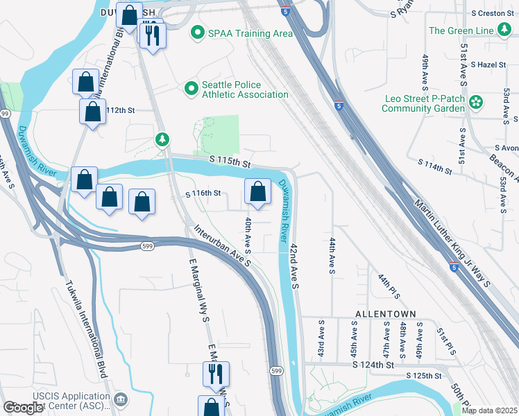 map of restaurants, bars, coffee shops, grocery stores, and more near 11620 40th Avenue South in Tukwila