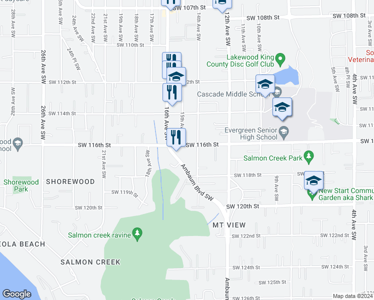 map of restaurants, bars, coffee shops, grocery stores, and more near 1421 Southwest 116th Street in Burien