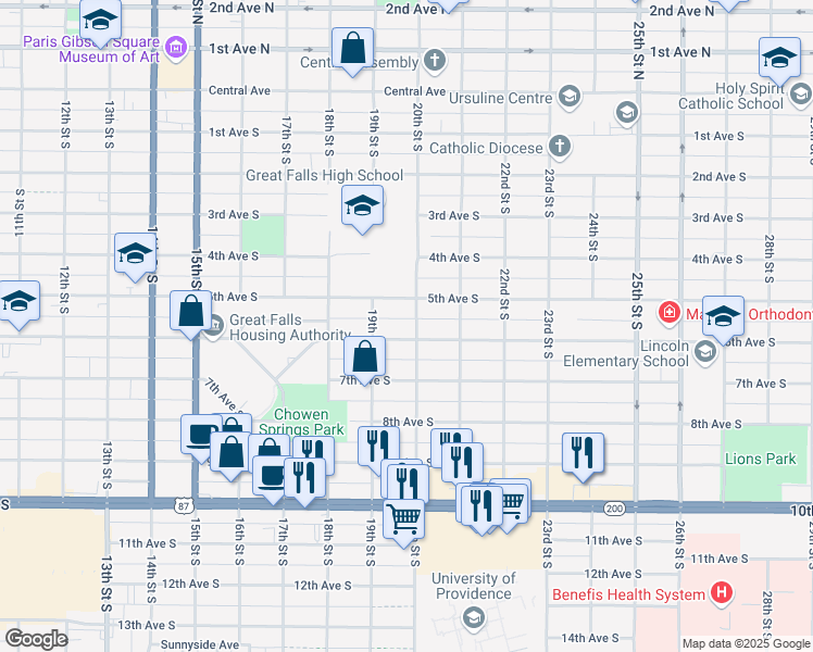 map of restaurants, bars, coffee shops, grocery stores, and more near 508-598 20th Street South in Great Falls