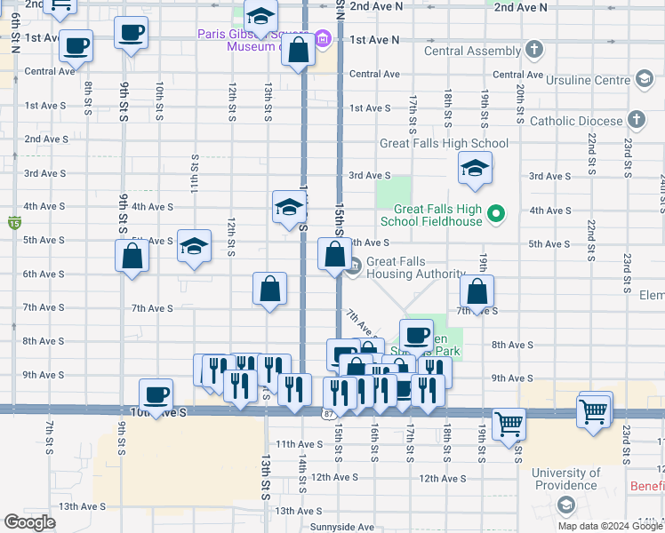 map of restaurants, bars, coffee shops, grocery stores, and more near 514 15th Street South in Great Falls