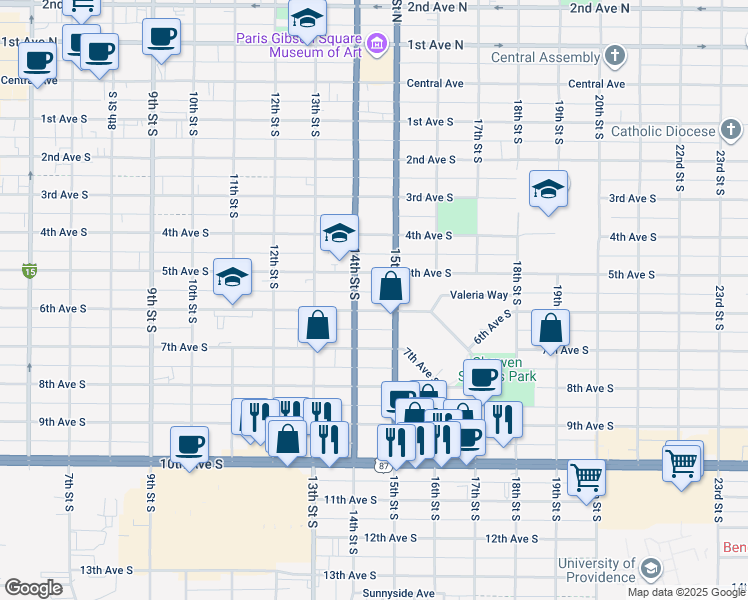 map of restaurants, bars, coffee shops, grocery stores, and more near 514 15th Street South in Great Falls
