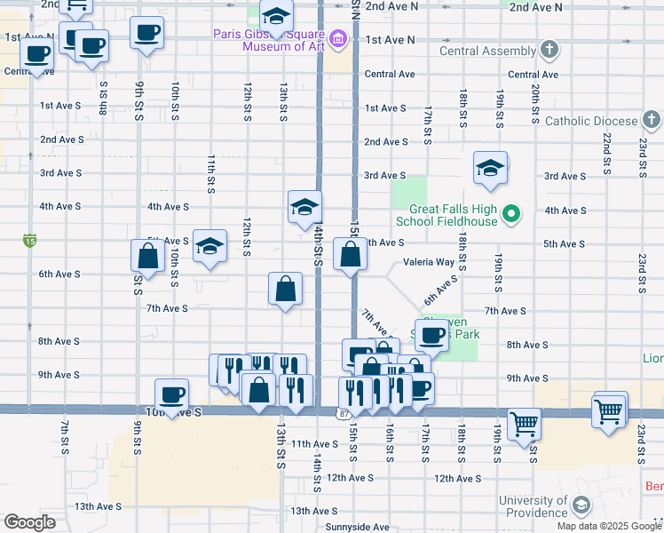 map of restaurants, bars, coffee shops, grocery stores, and more near 1325 6th Avenue South in Great Falls