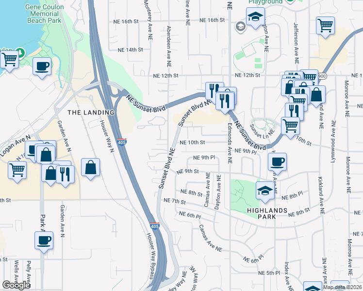 map of restaurants, bars, coffee shops, grocery stores, and more near 962 Northeast Sunset Boulevard in Renton