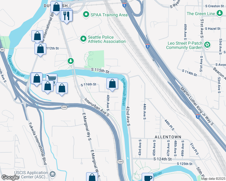 map of restaurants, bars, coffee shops, grocery stores, and more near 11620 40th Avenue South in Tukwila