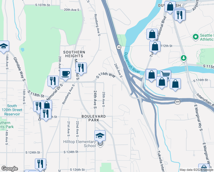 map of restaurants, bars, coffee shops, grocery stores, and more near 11607 25th Avenue South in Seattle