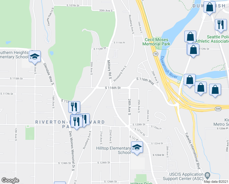 map of restaurants, bars, coffee shops, grocery stores, and more near 11600 Military Road South in Seattle