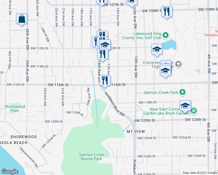 map of restaurants, bars, coffee shops, grocery stores, and more near 1421 Southwest 116th Street in Burien