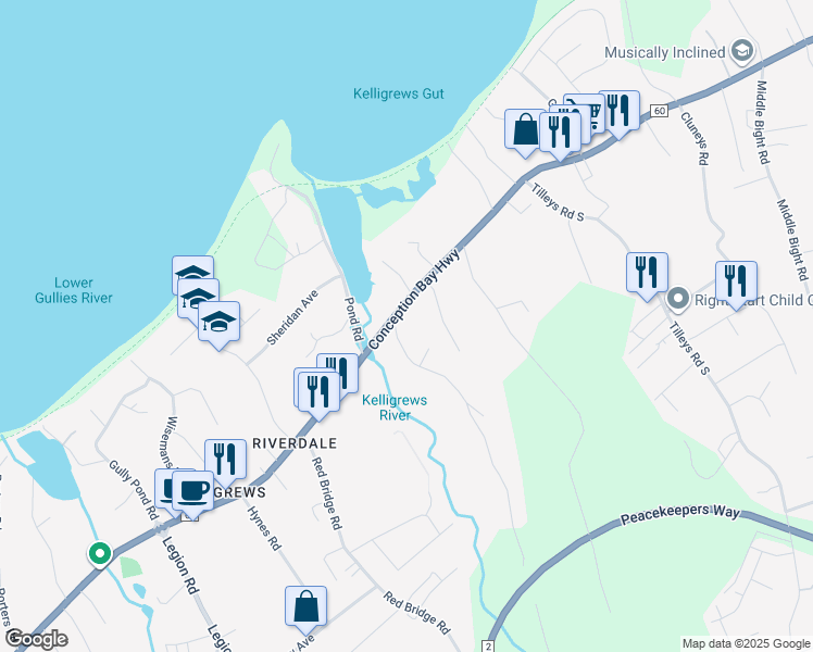 map of restaurants, bars, coffee shops, grocery stores, and more near 791 Conception Bay Highway in Conception Bay South