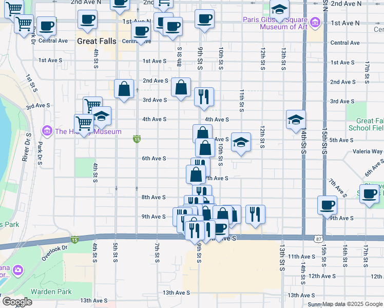 map of restaurants, bars, coffee shops, grocery stores, and more near 819 6th Avenue South in Great Falls