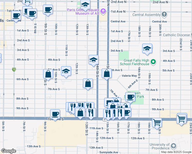 map of restaurants, bars, coffee shops, grocery stores, and more near 1325 6th Avenue South in Great Falls