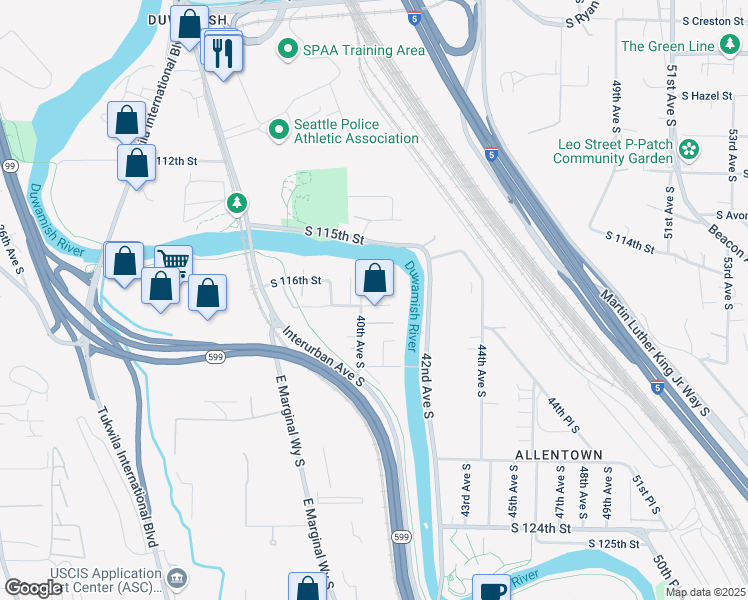 map of restaurants, bars, coffee shops, grocery stores, and more near 11620 40th Avenue South in Tukwila