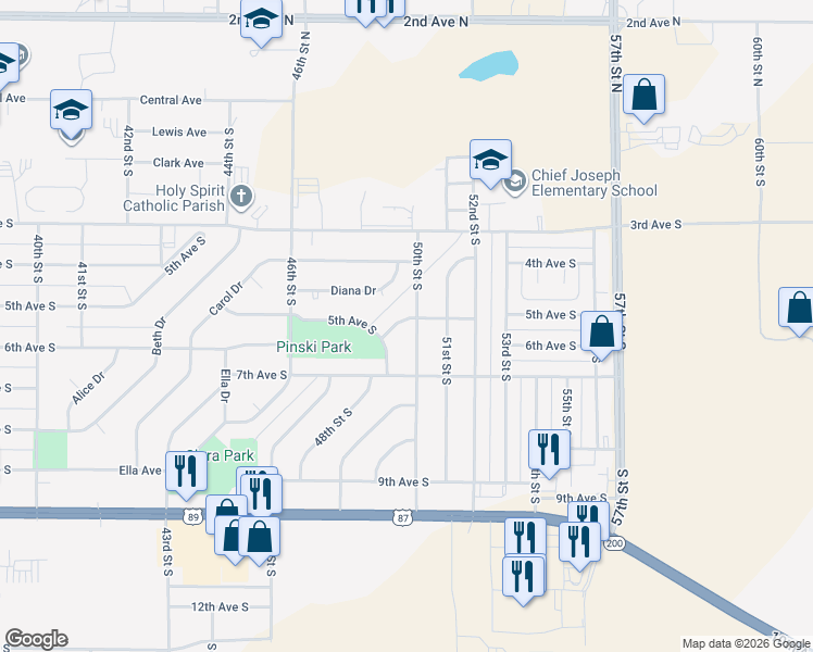 map of restaurants, bars, coffee shops, grocery stores, and more near 4816 5th Avenue South in Great Falls