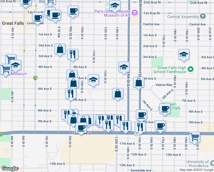 map of restaurants, bars, coffee shops, grocery stores, and more near 1201 6th Avenue South in Great Falls