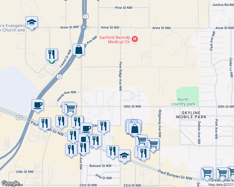 map of restaurants, bars, coffee shops, grocery stores, and more near 3104 Linden Boulevard in Bemidji