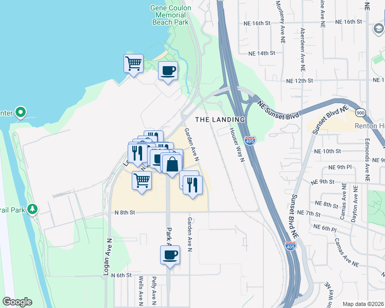 map of restaurants, bars, coffee shops, grocery stores, and more near 1205 North 10th Place in Renton
