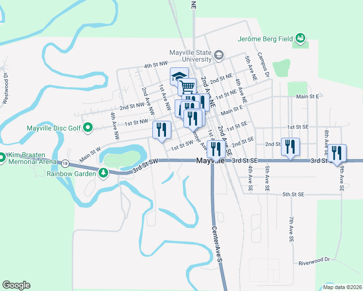 map of restaurants, bars, coffee shops, grocery stores, and more near 100 1st Street Southwest in Mayville