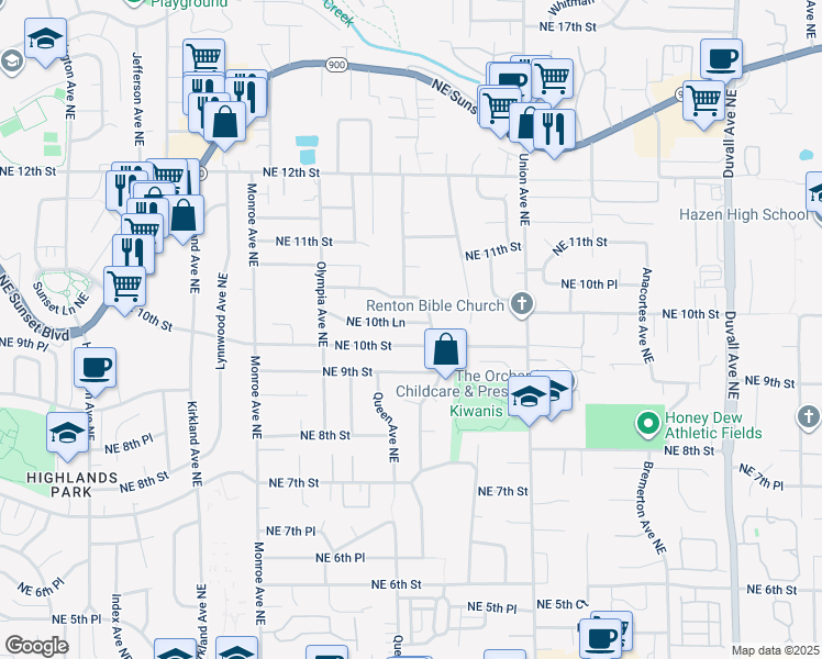map of restaurants, bars, coffee shops, grocery stores, and more near 3719 Northeast 10th Lane in Renton