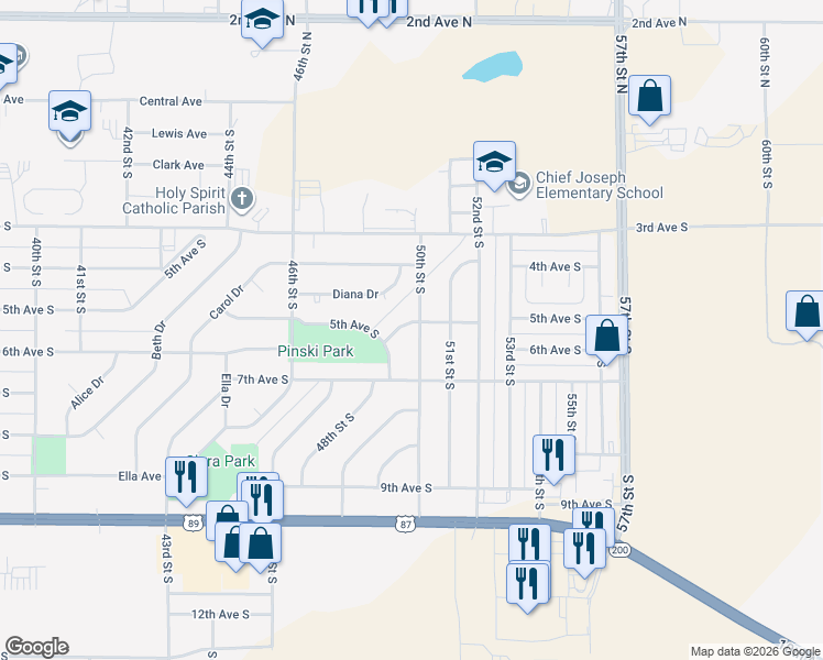 map of restaurants, bars, coffee shops, grocery stores, and more near 4816 5th Ave S in Great Falls
