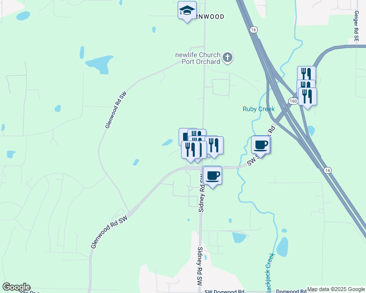 map of restaurants, bars, coffee shops, grocery stores, and more near 512 Mansfield Court Southwest in Port Orchard