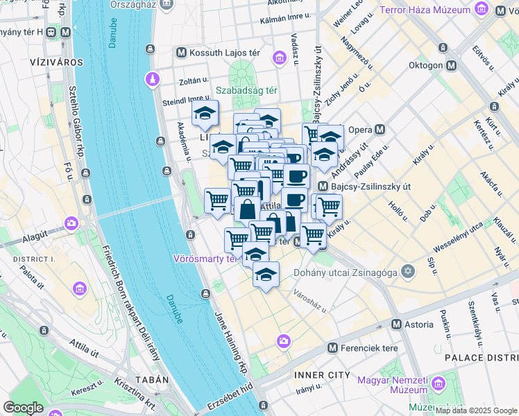 map of restaurants, bars, coffee shops, grocery stores, and more near József Attila Street in Budapest